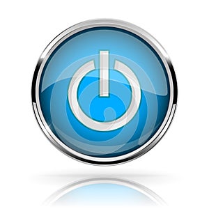 Blue round media button. POWER button. Shiny icon with chrome frame and with reflection