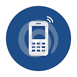 Blue round mobile phone icon, button isolated on a white background.