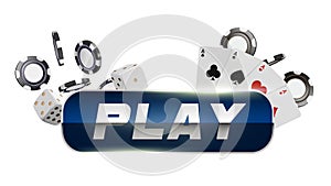 Blue round play button with metallic border on white background. Casino playing cards, dice and chips. Online casino