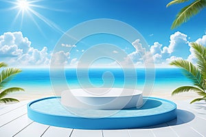 Blue round podium Tropical beach blue water, white sand, palm trees, sky