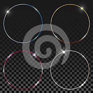 Blue round shining circles, rings set. Glow light effect collection on transparent background