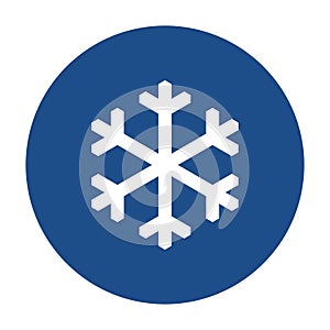 Blue round snowflake icon, button isolated on a white background.