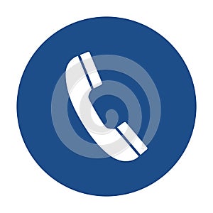 Blue round telephone receiver icon, button isolated on a white background.