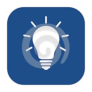 Blue rounded square glowing light bulb icon, button.