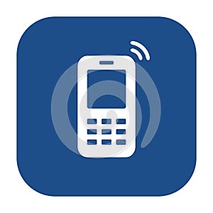 Blue rounded square mobile phone icon, button.