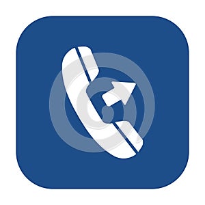 Blue rounded square outgoing call icon, button.