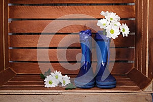 Blue rubber boots with spring flowers