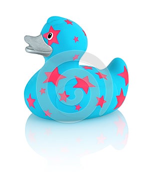 Blue rubber duck with pink stars bath toy isolated on a white background with shadow reflection.