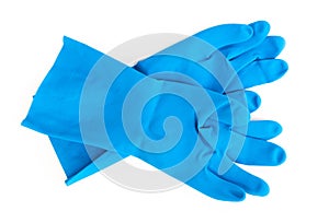 Blue rubber gloves for cleaning on white background, workhouse concept