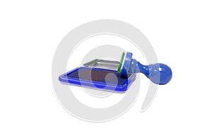 Blue rubber stamps, office equipment, equipment for businesses.