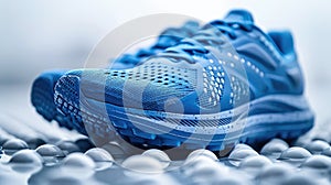Blue running shoes on textured white surface. Macro shot of sports footwear