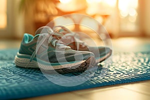 Blue running sneakers on a blue yoga mat