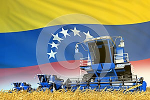 Blue rural agricultural combine harvester on field with Venezuela flag background, food industry concept - industrial 3D