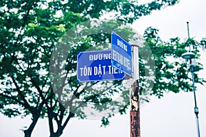 A blue rusted street sign with text on green tree background