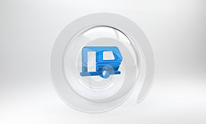 Blue Rv Camping trailer icon isolated on grey background. Travel mobile home, caravan, home camper for travel. Glass