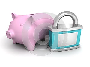 Blue safety padlock and pink piggy money bank