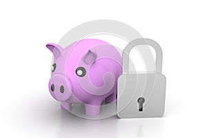 Blue safety padlock and pink piggy money bank