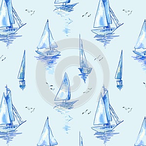 Blue sailboats. Vector pattern with boats in watercolor style