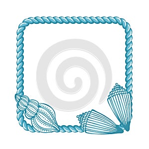 Blue sailor rope with hand drawn seashells isolated on white background. Marine background, logo, frame