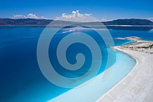 Blue Salda lake. Aerial view of beautiful white sand beach and unreal blue coastline