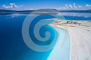 Blue Salda lake. Aerial view of beautiful white sand beach and unreal blue coastline