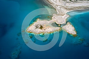 Blue Salda lake. Aerial view of beautiful white sand peninsula coast