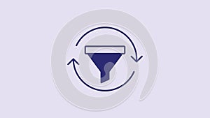 Blue Sales funnel with chart for marketing and startup business icon isolated on purple background. Infographic template