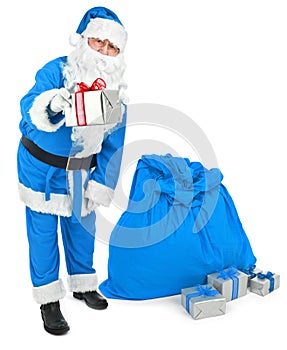 Blue Santa gives a present