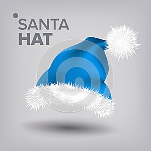 Blue Santa Hat Vector. Snow Clothing. Celebration Object. Seasonal Accessory. Santa Claus Holiday Blue And White Cap