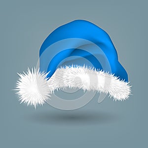 Blue Santa Hat Vector. Traditional Costume. Winter Symbol. December Sign. Santa Claus Holiday Blue And White Cap. Winter