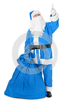 Blue Santa pointing his finger at an object