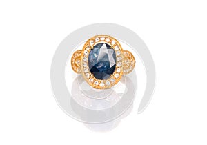 Blue Sapphire and Diamond Jewel or gems ring on  white background with reflection. Collection of natural gemstones accessories.