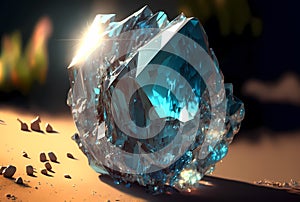 Blue sapphire in the rays of the sun. Digital illustration, close-up, background with cristal