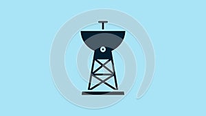 Blue Satellite dish icon isolated on blue background. Radio antenna, astronomy and space research. 4K Video motion