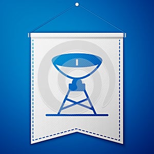 Blue Satellite dish icon isolated on blue background. Radio antenna, astronomy and space research. White pennant