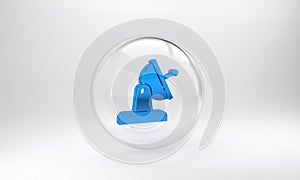 Blue Satellite dish icon isolated on grey background. Radio antenna, astronomy and space research. Glass circle button