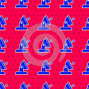 Blue Satellite dish icon isolated seamless pattern on red background. Radio antenna, astronomy and space research