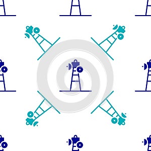Blue Satellite dish icon isolated seamless pattern on white background. Radio antenna, astronomy and space research