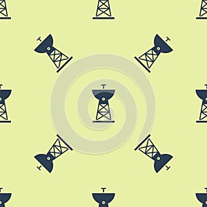 Blue Satellite dish icon isolated seamless pattern on yellow background. Radio antenna, astronomy and space research