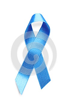 Blue satin ribbon on white background. Colon cancer awareness concept