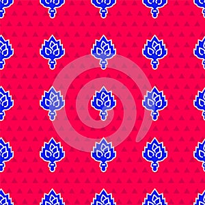 Blue Sauna broom icon isolated seamless pattern on red background. Broom from birch twigs, branches for Russian steam