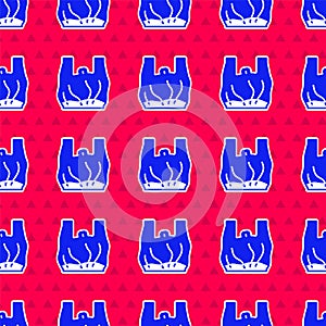 Blue Say no to plastic bags poster icon isolated seamless pattern on red background. Disposable cellophane and polythene