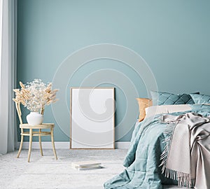 Blue Scandinavian bedroom with vertical frames in bright design