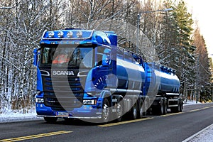 Blue Scania R580 Double Tanker Trucking on Winter Afternoon