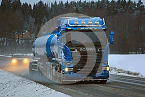 Blue Scania R580 Tank Truck Trucking on Highway Road Salt