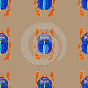 Blue scarab isolated on beige background. Seamless pattern with Bug insect, Beetles. Design for wrapping paper, cover