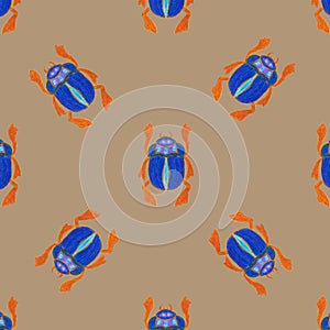 Blue scarab isolated on beige background. Seamless pattern with Bug insect, Beetles. Design for wrapping paper, cover