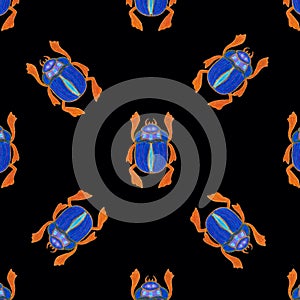 Blue scarab isolated on black background. Dark Seamless pattern with Bug insect, Beetles. Design for wrapping paper