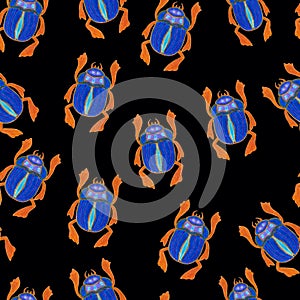 Blue scarab isolated on black background. Dark Seamless pattern with Bug insect, Beetles. Design for wrapping paper