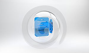 Blue Scenario icon isolated on grey background. Script reading concept for art project, films, theaters. Glass circle